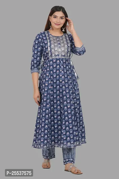 Stylish Blue Cotton Printed Kurta Bottom Set-thumb4