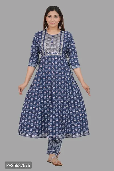 Stylish Blue Cotton Printed Kurta Bottom Set-thumb0