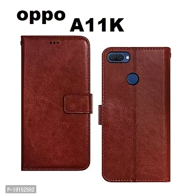 RBT Leather Finish Vintage Flip Flap Wallet/Card Holder  Inbuilt Stand | Shockproof Back Cover Case for Oppo A11K - Brown-thumb0