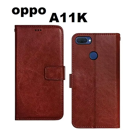 Cloudza Oppo A11K Flip Back Cover | PU Leather Flip Cover Wallet Case with TPU Silicone Case Back Cover for Oppo A11K Brown