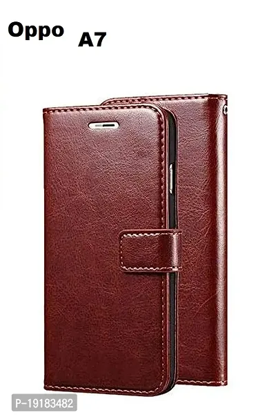 RBT Leather Finish Vintage Flip Flap Wallet/Card Holder  Inbuilt Stand | Shockproof Back Cover Case for Oppo A7   - Brown-thumb0