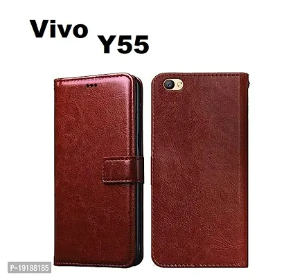 RBT Leather Finish Vintage Flip Flap Wallet/Card Holder  Inbuilt Stand | Shockproof Back Cover Case for Vivo Y55       - Brown-thumb0