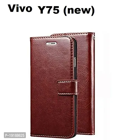 RBT Leather Finish Vintage Flip Flap Wallet/Card Holder  Inbuilt Stand | Shockproof Back Cover Case for Vivo Y75 (new)       - Brown-thumb0
