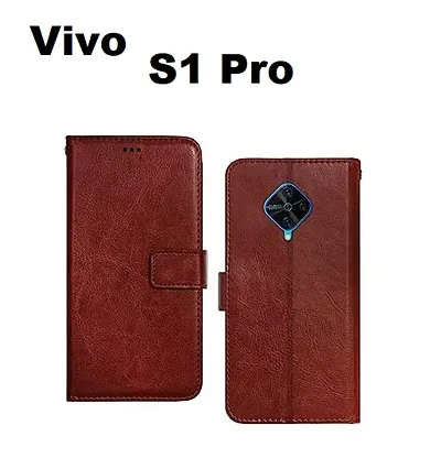 Cloudza Vivo S1 Pro Flip Back Cover | PU Leather Flip Cover Wallet Case with TPU Silicone Case Back Cover for Vivo S1 Pro Brown