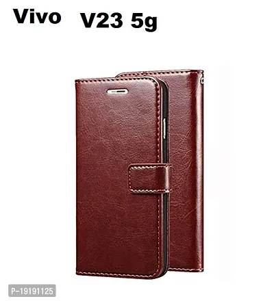 RBT Leather Finish Vintage Flip Flap Wallet/Card Holder  Inbuilt Stand | Shockproof Back Cover Case for Vivo V23 5g    - Brown-thumb0