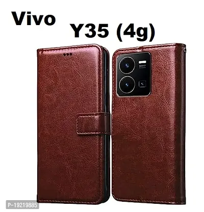RBT Leather Finish Vintage Flip Flap Wallet/Card Holder  Inbuilt Stand | Shockproof Back Cover Case for Vivo Y35     - Brown-thumb0