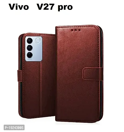 RBT Leather Finish Vintage Flip Flap Wallet/Card Holder  Inbuilt Stand | Shockproof Back Cover Case for Vivo V27 pro    - Brown-thumb0