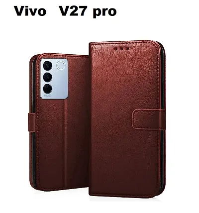 RBT Leather Finish Vintage Flip Flap Wallet/Card Holder  Inbuilt Stand | Shockproof Back Cover Case for Vivo V27 pro    - Brown
