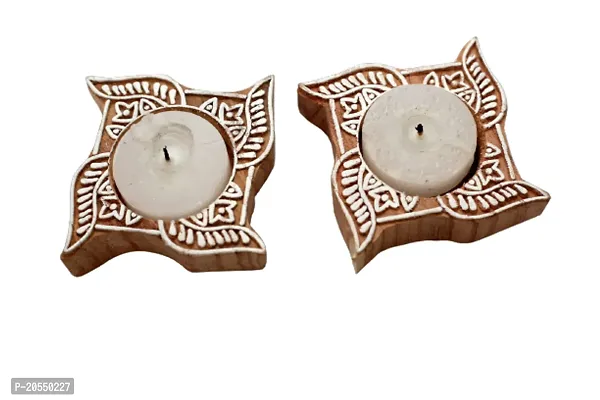 Wooden Swastik Design Tealight Candle Holder Stand- Pack Of 2