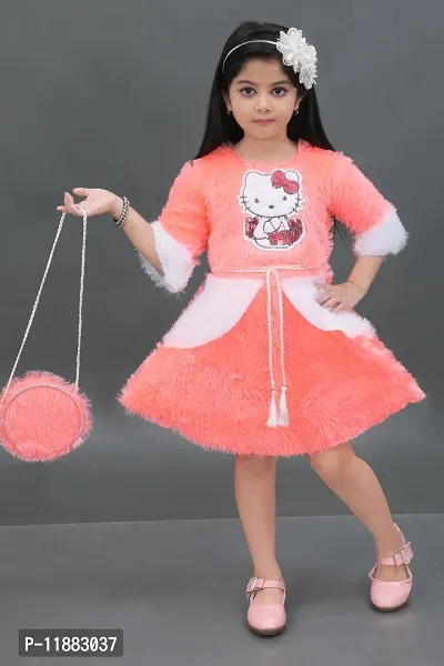 Fabulous Peach Cotton Self Pattern Teddy Bear Dress For Girls
