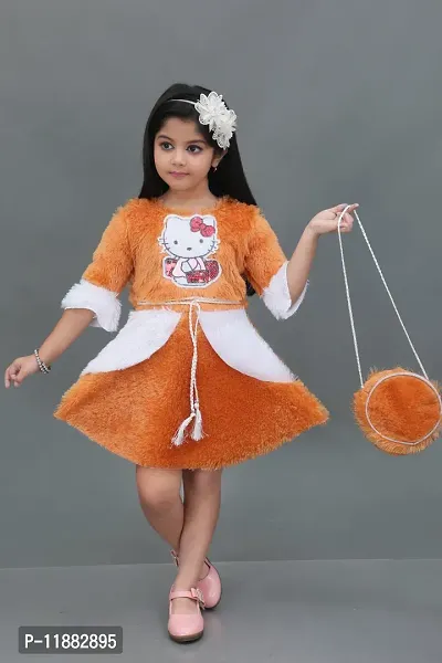 Fabulous Orange Cotton Self Pattern Teddy Bear Dress For Girls-thumb0