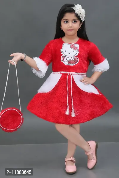 Fabulous Red Cotton Self Pattern Teddy Bear Dress For Girls