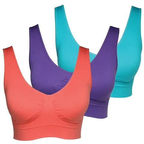 Womens Nylon Spandex Non-Padded Wire Free Sports Bra-Pack of 3