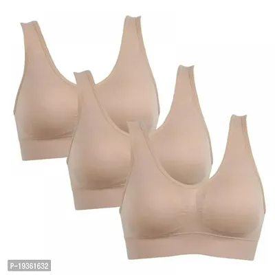 Vaishnavii Woman Sports Bra Non Padded Stretchable Non - Wired Seamless Beige Bra (Pack Of 3)