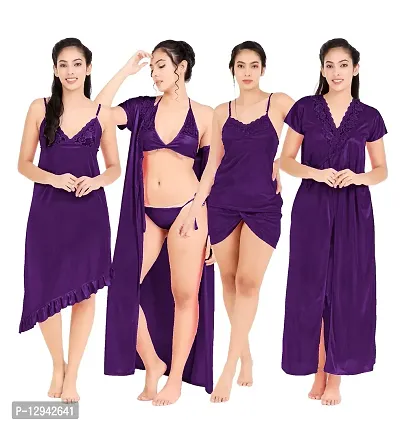 Divine paridhaan Women's Satin Solid 3 Piece Nighty Robe Top  Capri Set (ab123_Purple_Free Size)-thumb4
