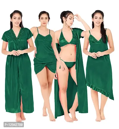 Divine paridhaan Women's Satin Plain/Solid Nightwear Set Pack of 6 (plzshop enterprises_Green_Free Size)