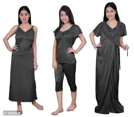 Divine paridhaan Women's Satin Plain/Solid Nightwear Set Pack of 4 (plzshop4050_Black_Free Size)