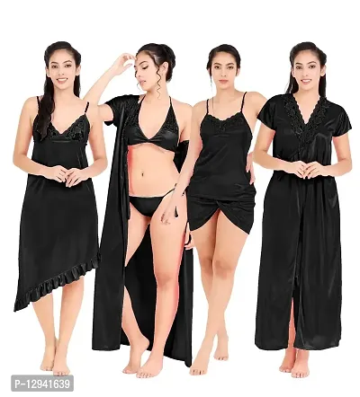 divine paridhaan Women's Satin Solid Nightwear Set of 6 Pcs Nighty Set (Black)
