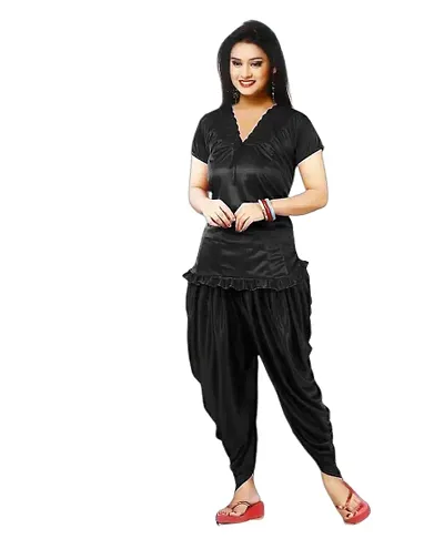 Divine Paridhaan Women's Satin Solid Maxi Nighty (Divine parodhaan_Black)