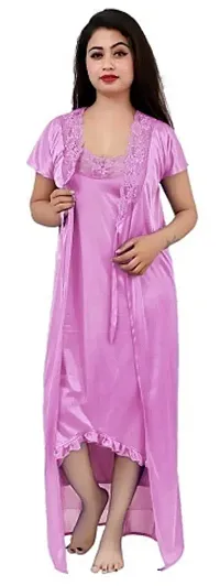 Divine Paridhaan Women's Satin Solid Maxi Nightwear Set (ab4020_Light Pink)-thumb4