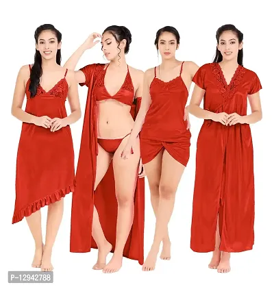 Divine paridhaan Women's Satin Plain/Solid Nightwear Set Pack of 3 (ab123_Red_Free Size)-thumb0