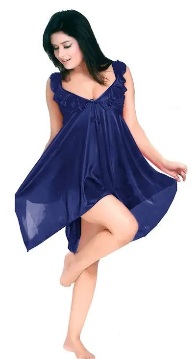 DIVINE PARIDHAAN Women's Satin Blend Solid Nightwear Set Pack of 2 (2022_Navy Blue_Free Size)