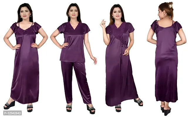 divine paridhaan Women's Satin Blend Plain/Solid Nightwear Set Pack of 4 (4060_Beige_Free Size)