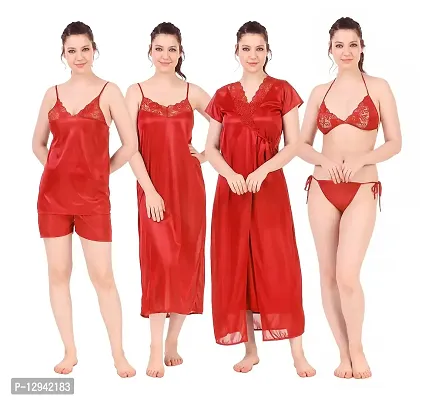 divine paridhaan Women's Satin Plain/Solid Nightwear Set Pack of 6 (PLZSHOP ENTERPRISES_Red_Free Size)-thumb0