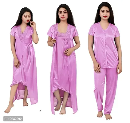 Divine Paridhaan Women's Satin Solid Maxi Nightwear Set (ab4020_Light Pink)-thumb0