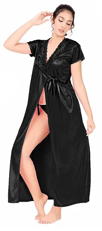 divine paridhaan Women's Satin Solid Nightwear Set of 6 Pcs Nighty Set (Black)-thumb2