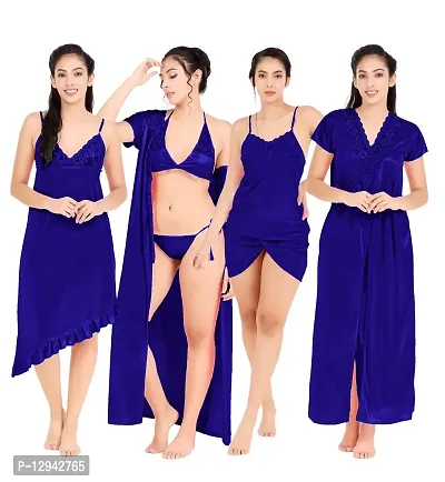Divine paridhaan Women's Satin Solid Night Suit Pack Of 6 (plzshop enterprises_Royal Blue_Free Size)