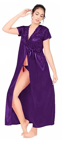 Divine paridhaan Women's Satin Solid 3 Piece Nighty Robe Top  Capri Set (ab123_Purple_Free Size)-thumb2