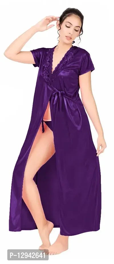 Divine paridhaan Women's Satin Solid 3 Piece Nighty Robe Top  Capri Set (ab123_Purple_Free Size)-thumb3