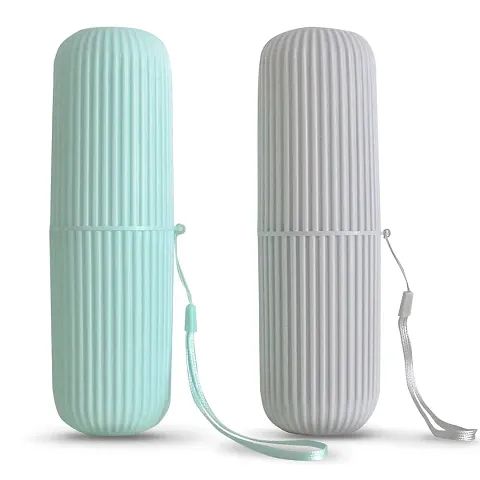 2Pcs Travel Toothbrush Holder, Portable Toothbrush Case for Traveling, Camping, Business Trip and School, Multifuction Plastic Toothbrushes Toothpaste Set with Two Colors, Green and Grey