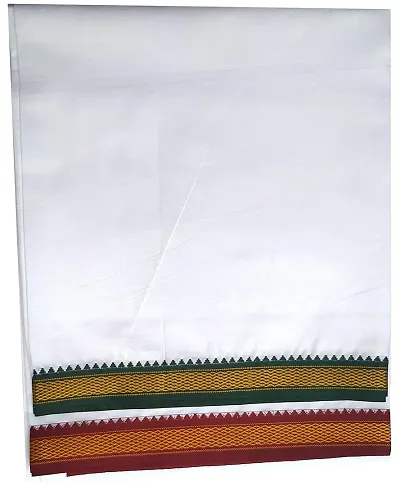 THE ANTILLES FABRICS Cotton LUNGI, Long Size,White Saffron Dual Border, Rich MUNDU