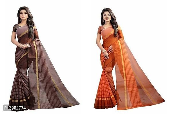 Multicoloured  Chanderi Cotton Saree With Blouse Piece - Pack Of 2-thumb0