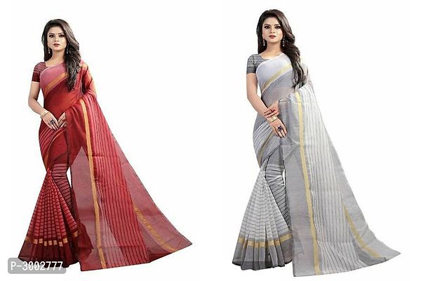 Multicoloured Chanderi Cotton Saree With Blouse Piece - Pack Of 2-thumb0