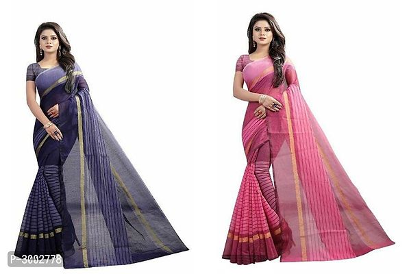 Multicoloured Chanderi Cotton Saree With Blouse Piece - Pack Of 2