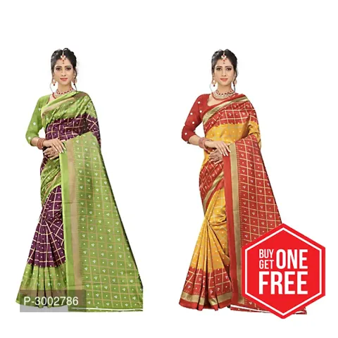Buy One Get One Free!!: Checkered Designer Printed Art Silk Sarees