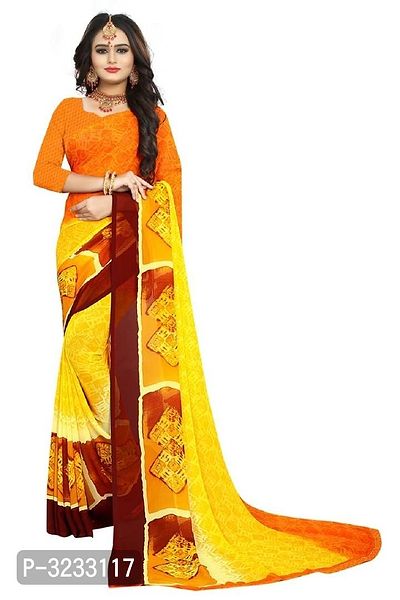 Yellow Printed Georgette Saree With Blouse Piece-thumb0