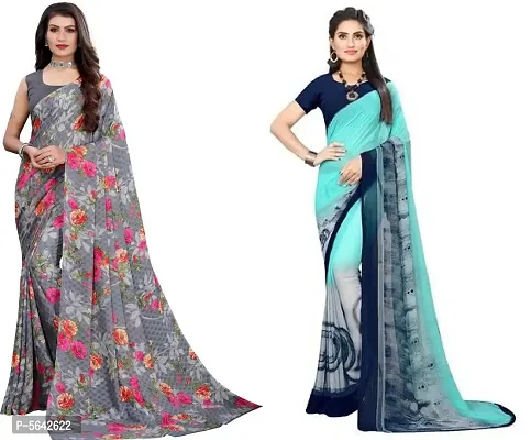 Women's Georgette Flower Printed Sarees with Blouse Piece (Pack of 2)