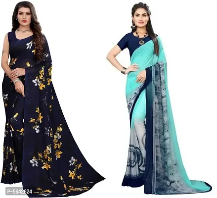 Women's Georgette Flower Printed Sarees with Blouse Piece (Pack of 2)