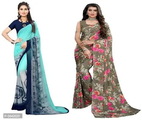 Women's Georgette Flower Printed Sarees with Blouse Piece (Pack of 2)