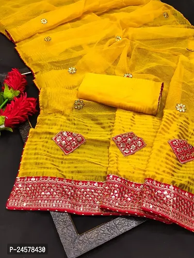 Stylish Net Yellow Woven Design Saree with Blouse piece