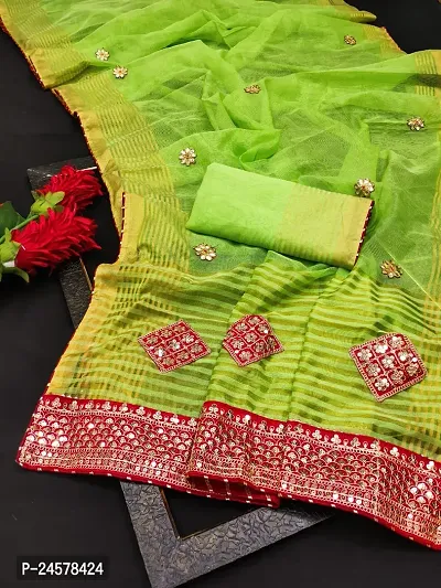 Stylish Net Green Woven Design Saree with Blouse piece