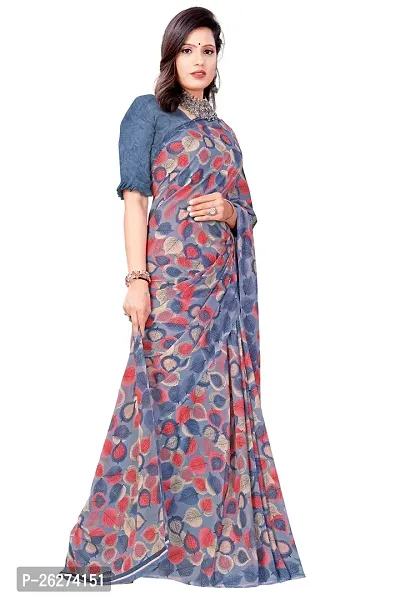 Beautiful Grey Georgette Printed Saree With Blouse Piece-thumb0