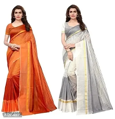 Multicoloured Striped Chanderi Cotton Saree with Blouse piece (Pack of 2)