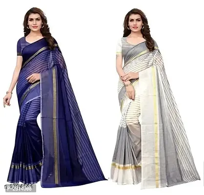 Multicoloured Striped Chanderi Cotton Saree with Blouse piece (Pack of  2)
