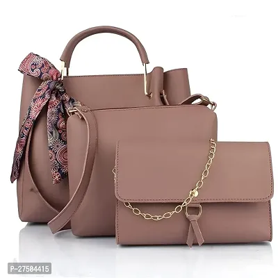 Stylish Brown Polyester Solid Handbags For Women Pack Of 3