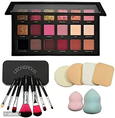 Fancy Ace Combo Of Eyeshadow 18 Shades With 7Pc Makeup Brush Set And 6In1 Makeup Sponge Blender (Multicolour, 3 Items In Set-thumb0